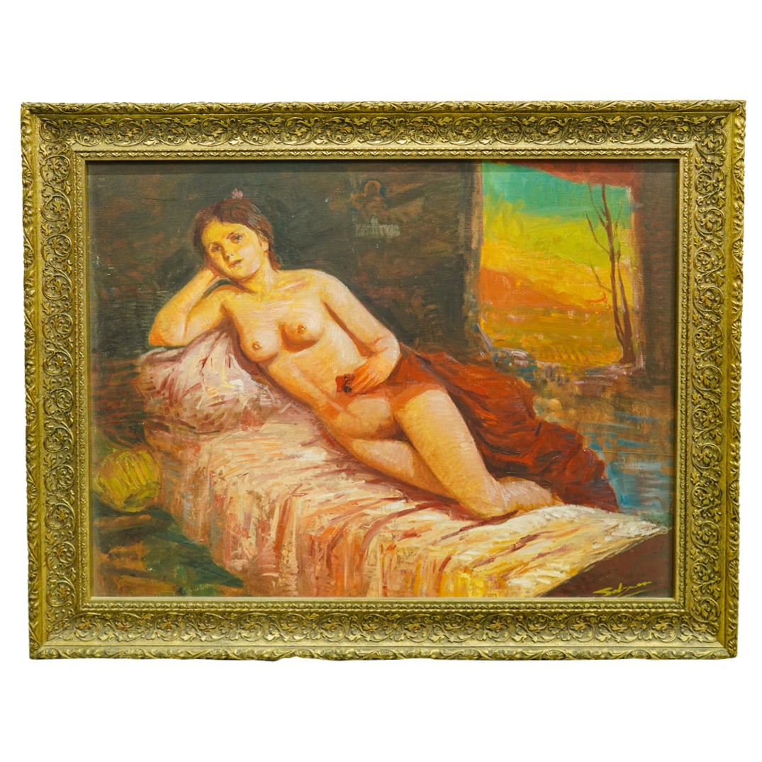 Signed Reclining Nude Oil On Canvas: DESCRIPTION: Oil on canvas painting depicting a nude woman reclining on a pink bed in view of a window. Signed at lower right. Mounted in a gilt, foliage laden wooden frame. CIRCA: Late 19th to early