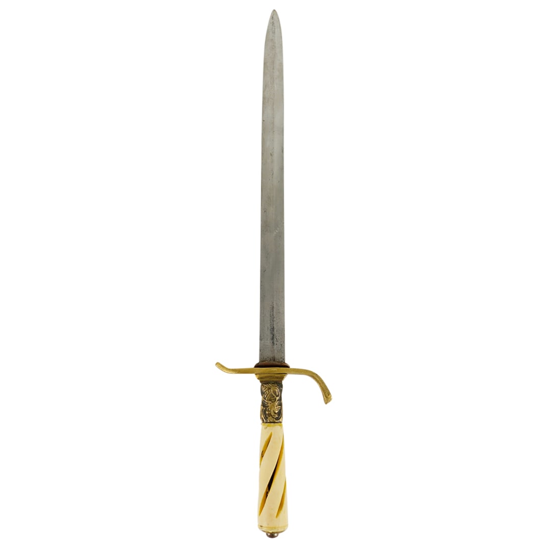 19th Century French Naval Dagger: DESCRIPTION: Antique naval dagger featuring a steel blade and sporting a bronze hadnguard etched with bird and horse designs and a carved bone handle finished with slanted, parallel grooves. CIRCA: 19
