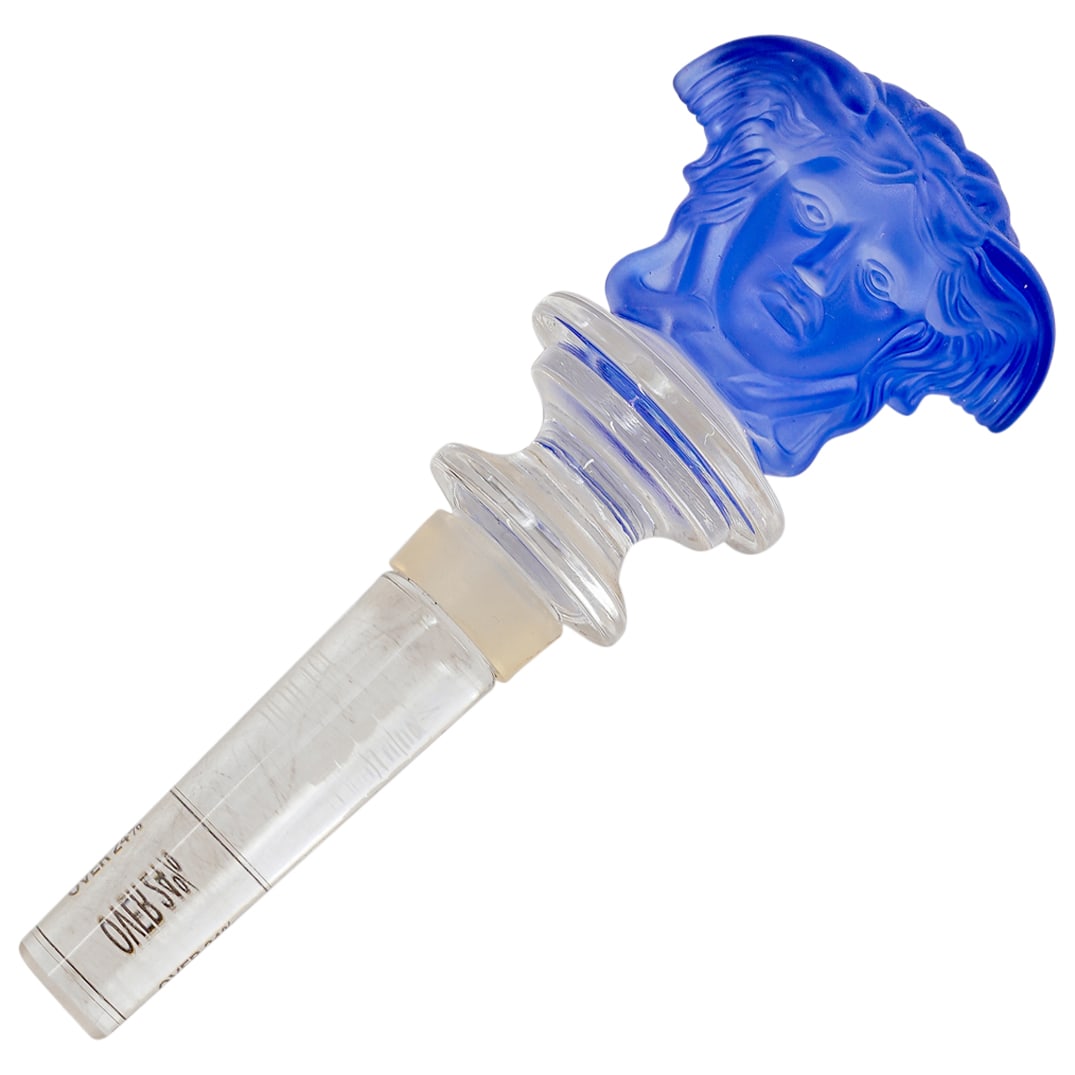 Rosenthal Versace Crystal Medusa Stopper: DESCRIPTION: Rosenthal Versace crystal stopper featuring a blue Medusa head and clear and frosted crystal stem. Marked with "Rosenthal Versace". CIRCA: Late 20th - early 21st century ORIGIN: German DI