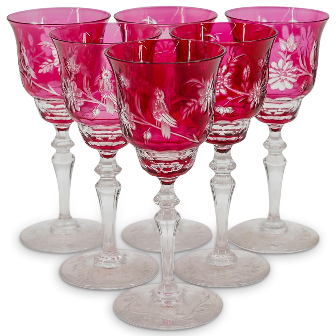 (6 Pc) 1920s Val St Lambert Cranberry Crystal Bird Pattern Wine Goblets: DESCRIPTION: (6 Pc) Val St. Lambert, Belgium, circa 1920s, stemware wine goblets set, in cranberry cut to clear etched crystal, in Val St. Lambert signature bird pattern. This set includes a total of
