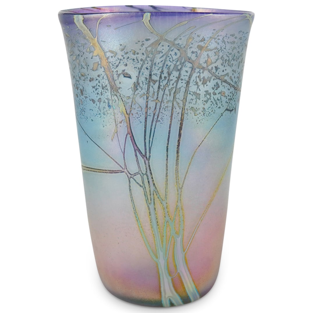 Peet Robison Art Glass Vase: DESCRIPTION: Peet Robison Art glass vase with iridescent organic veined design. Signed: 'Peet Robinson, 2001' CIRCA: 2001 ORIGIN: USA DIMENSIONS: H: 11" x Dia: 7.5" CONDITION: Great condition. Unless 