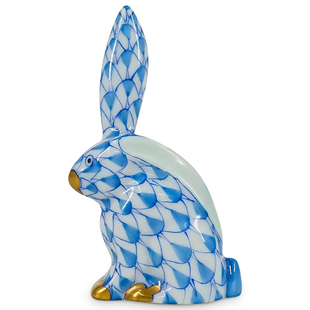 Herend Porcelain "Miniature Rabbit-One Ear Up" Blue Fishnet Figurine (1 of 4)