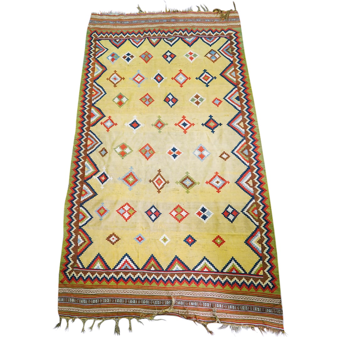 Antique Peruvian Wool Yellow Background Geometric Patterned Kilim Rug (1 of 14)