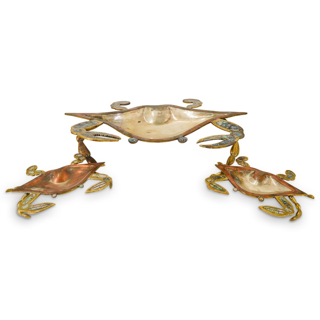(3 Pc) Mid Century Mexican Los Castillos Style Abalone And Mixed Metal Crab Trays (1 of 16)