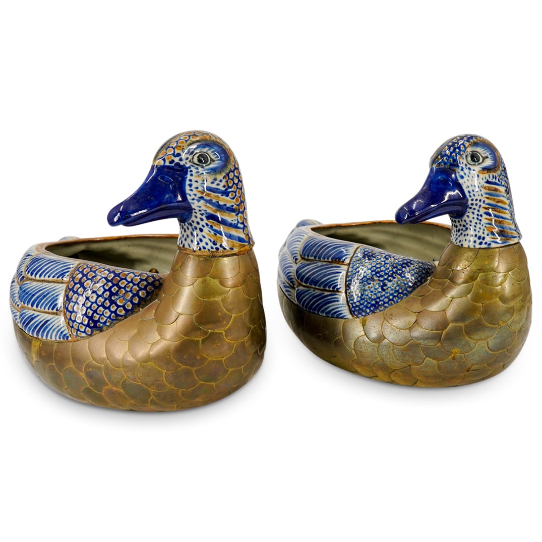 Pair Bustamante Style Ceramic & Brass Duck Jardinieres (1 of 12)