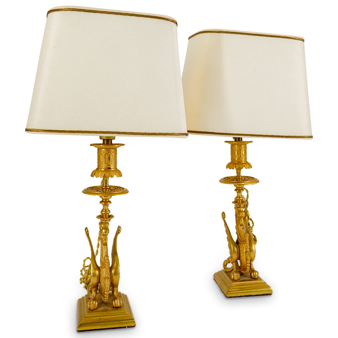 (2 Pc) 19th Cent. French Napoleon III Dore Bronze Gargoyles Desk Lamps (1 of 12)