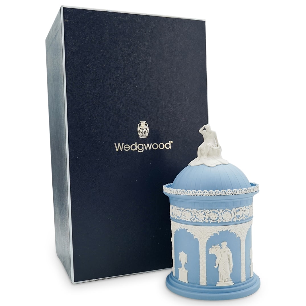 Limited Edition Wedgwood Jasperware Masterpiece Humidor: DESCRIPTION: Limited Edition Wedgwood jasperware masterpiece humidor after an eighteenth century original in the Wedgwood museum. Numbered 11 in an edition of 200 pieces. In pale blue jasperware porce