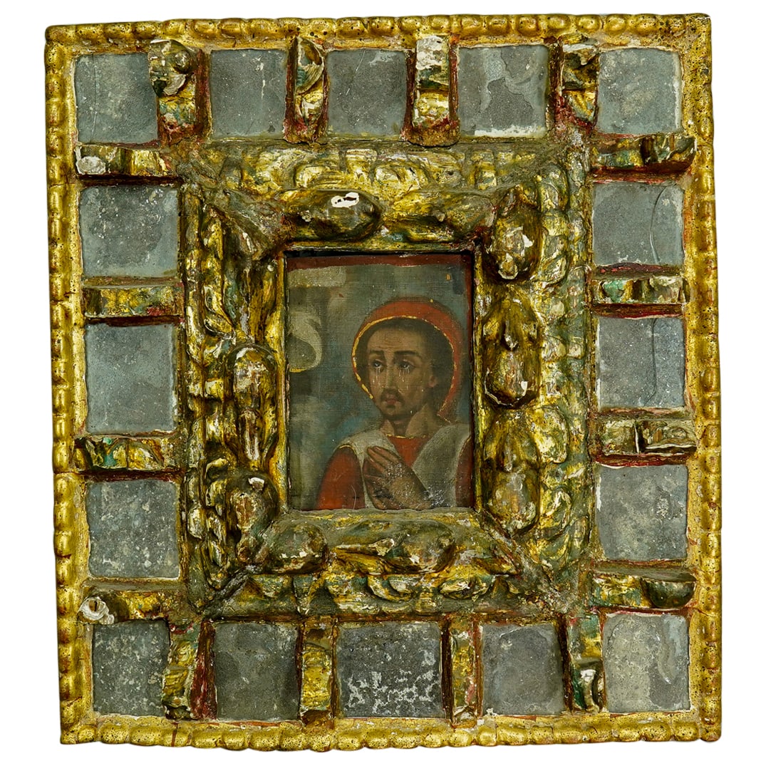 Antique Latin American Catholic Oil On Board Icon In Mirror Frame (1 of 6)