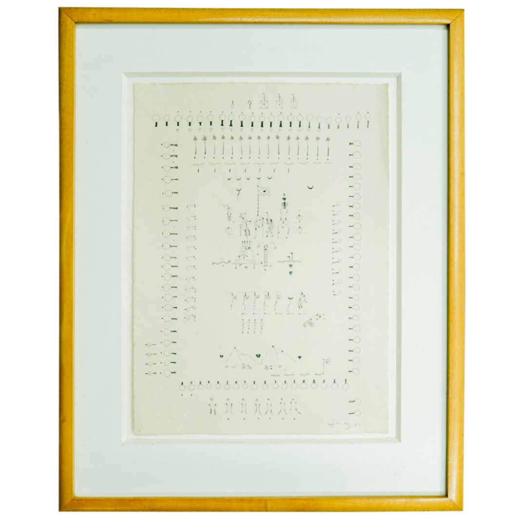 Paulo Gomes Garcez (Brazilian, 1945-1989) Ink On Paper: DESCRIPTION: Ink on paper artwork by Paulo Gomes Garcez (Brazilian, 1945-1989) depicting nude figures and Brazilian flags. Pencil signed and dated at lower right. CIRCA: 1981 ORIGIN: Brazilian DIMENSI