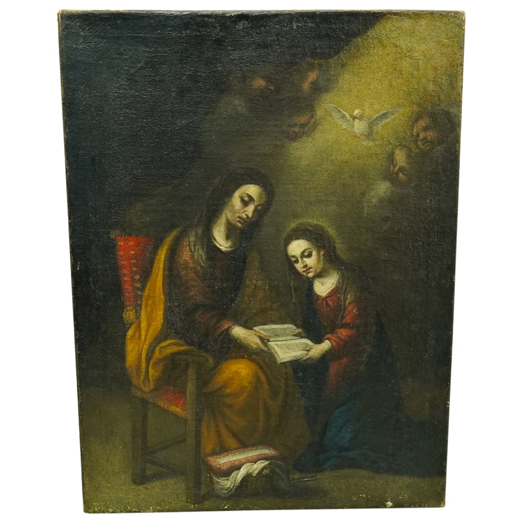 Antique Spanish Colonial Religious Oil On Canvas: DESCRIPTION: Antique Spanish Colonial religious oil on canvas painting depicting St. Anne teaching the Virgin Mary, with the Holy Spirit at upper right. CIRCA: 18th/19th century ORIGIN: Latin American