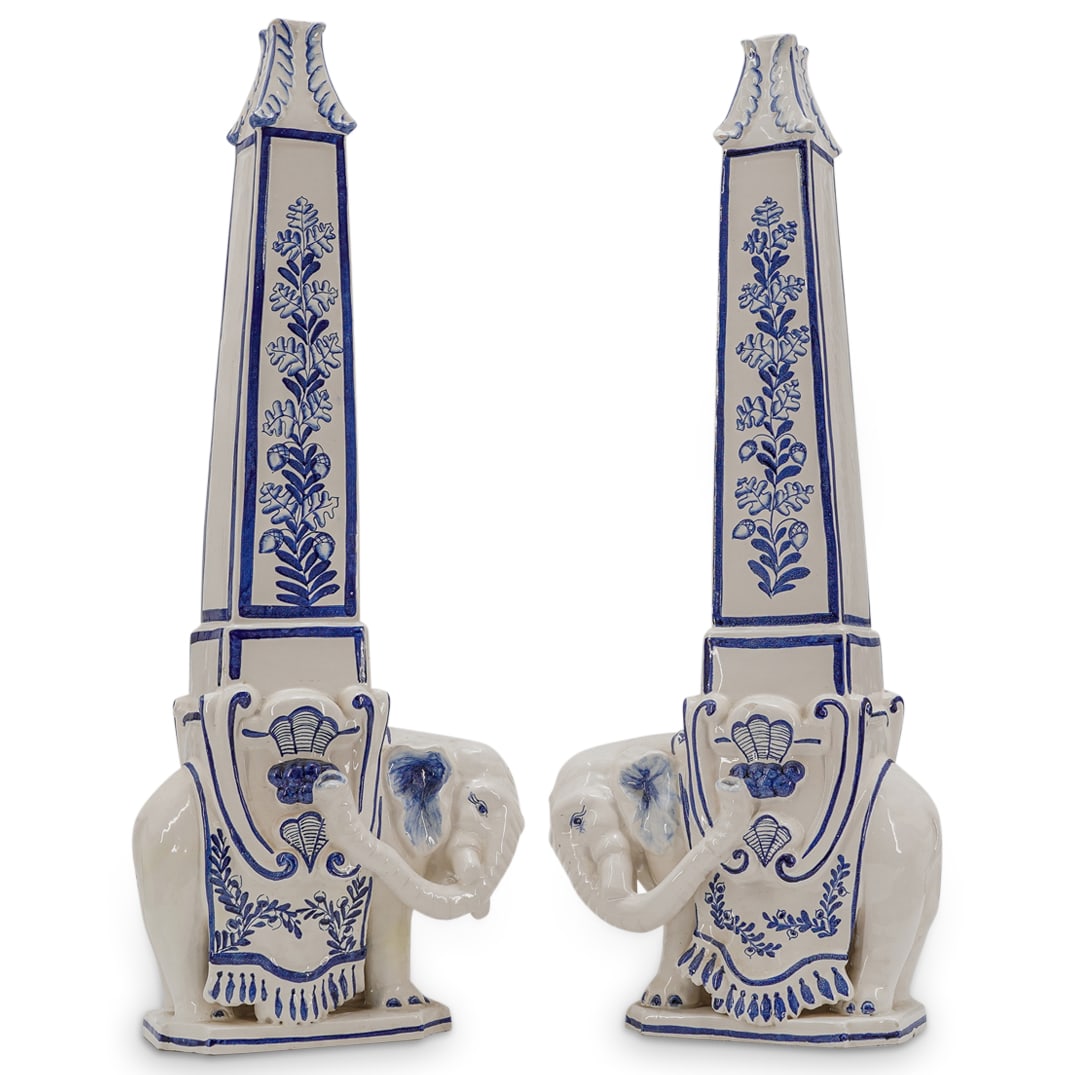 (2 Pc) Meiselman Imports Italian Majolica Elephant & Obelisk Sculptures (1 of 8)