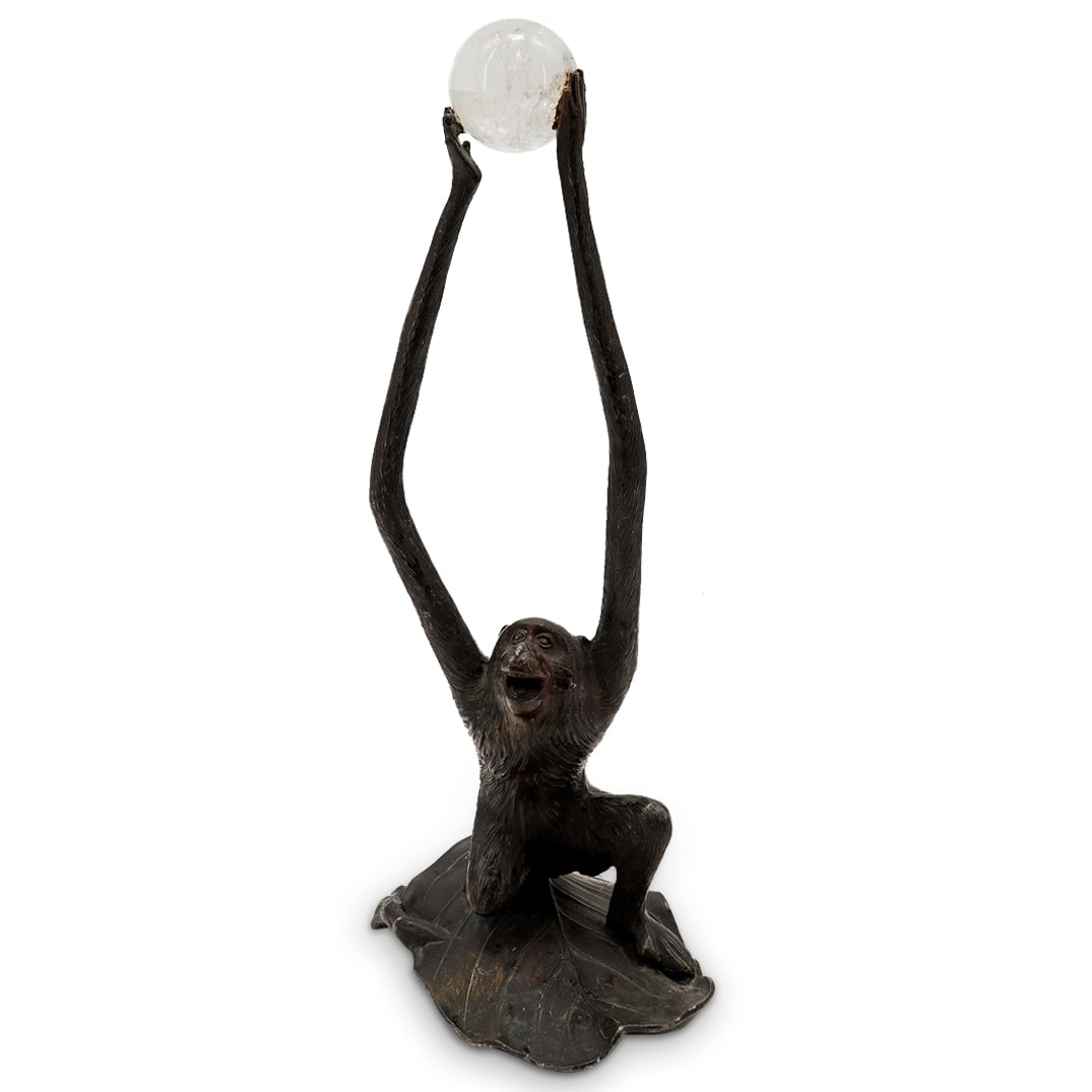 Monkey Holding A Rock Crystal Sphere Metal Sculpture (1 of 13)