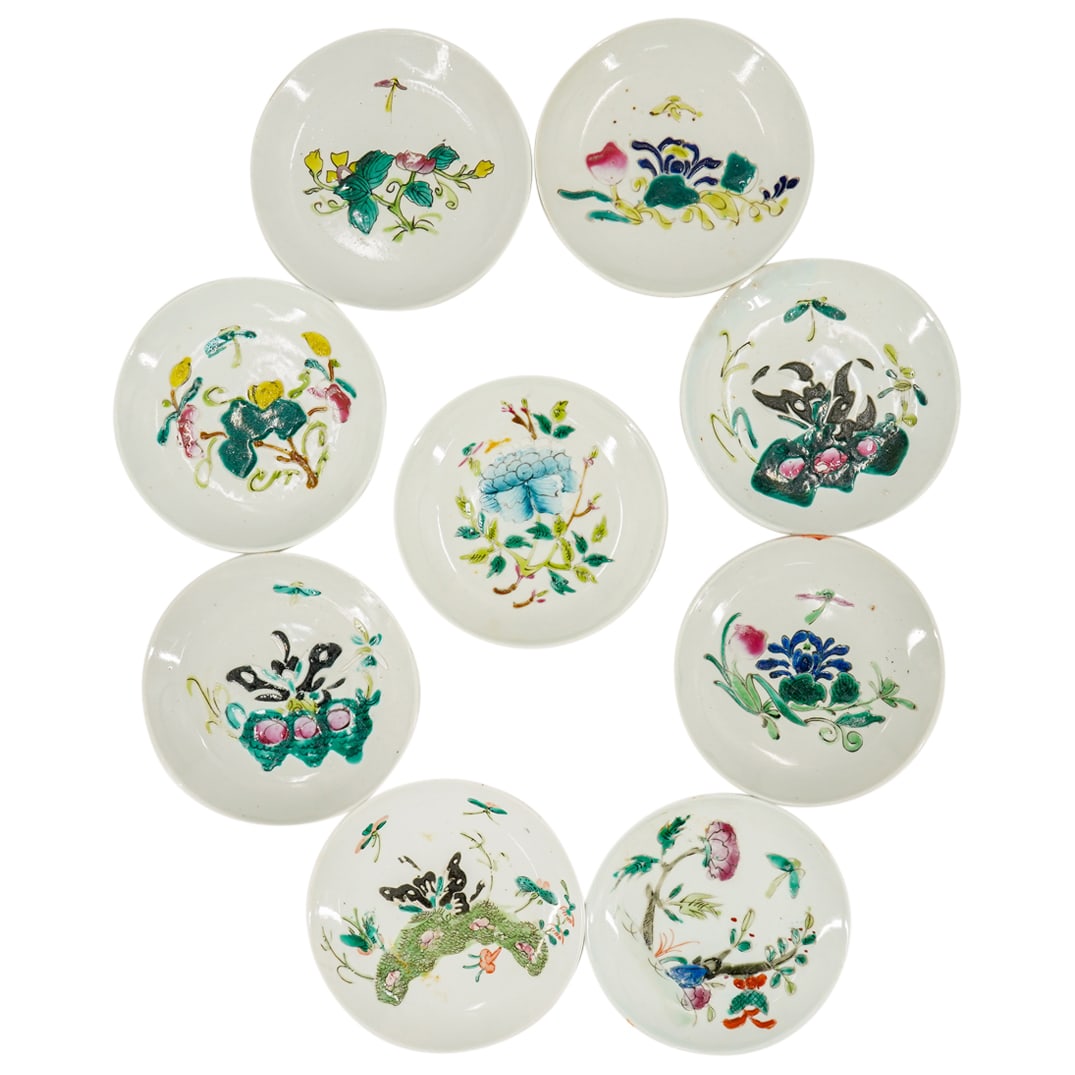 (9 Pc) Vintage Chinese Enameled Porcelain Plates: DESCRIPTION: Nine porcelain plates, each featuring enameled flowers and foliage in its well. Most pieces stamped on underside with Han characters or other hallmark. CIRCA: 20th Century ORIGIN: China D