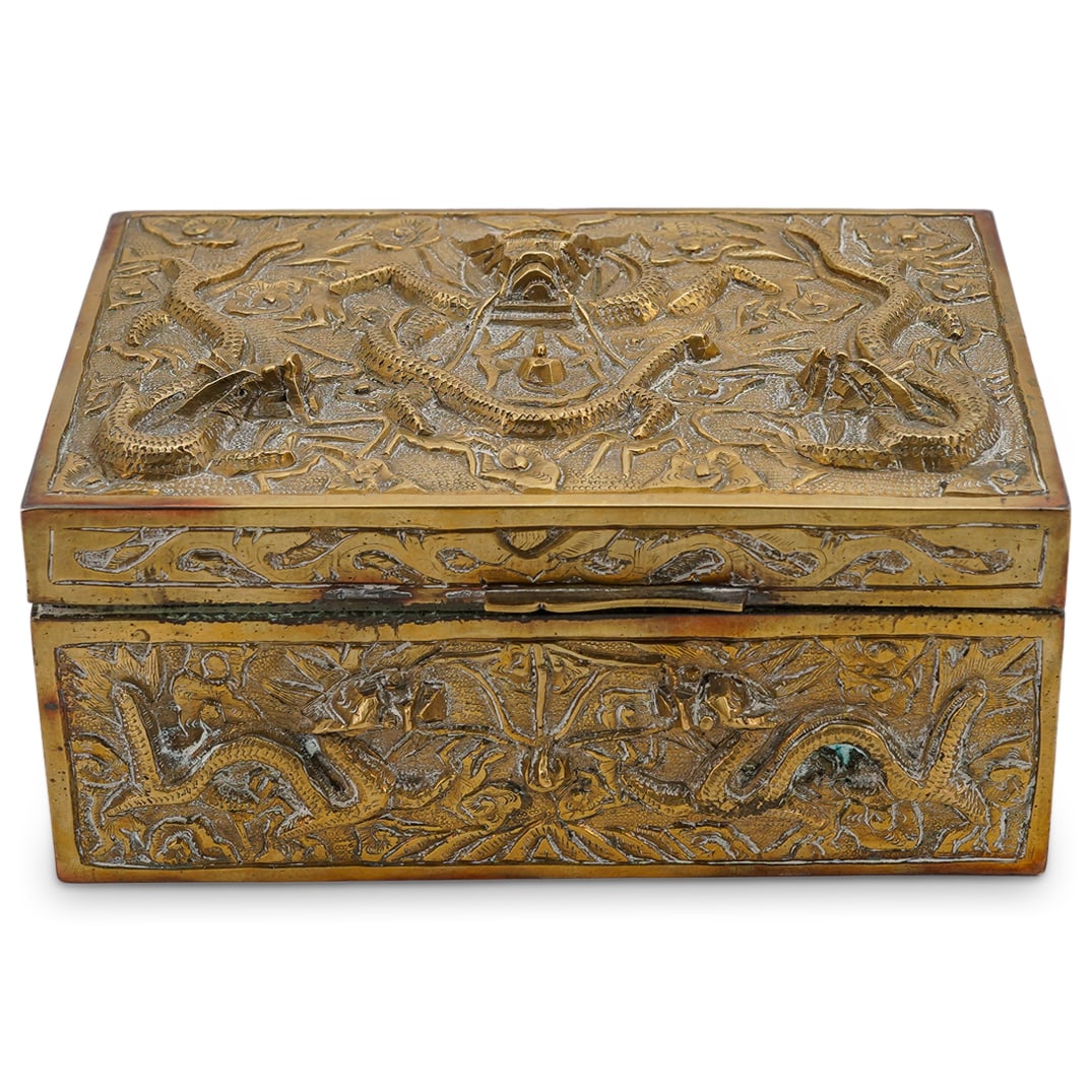 Chinese Antique Brass High Relief Hinged Box W/ Flying Dragons Motifs (1 of 10)