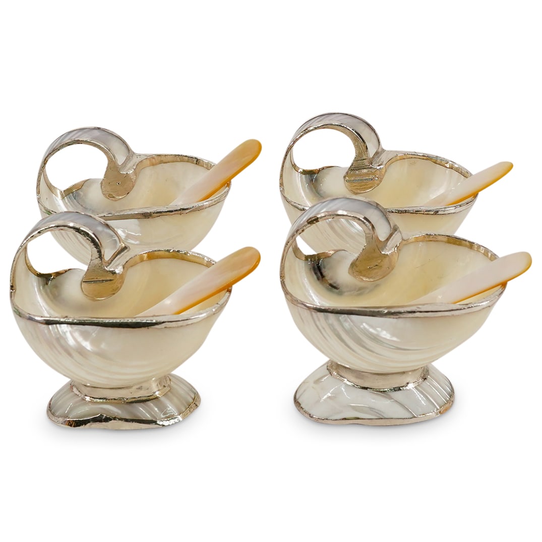 (4Pc) Mother Of Pearl Shell Salt Cellars W/ Spoons (1 of 9)