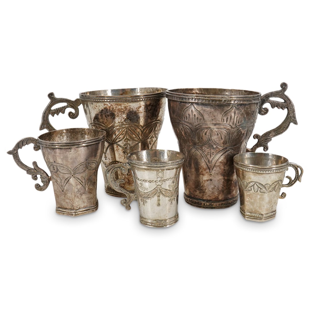 (5 Pc) Vintage Etched Silver Mugs, Teacup, And Demitasses (1 of 14)