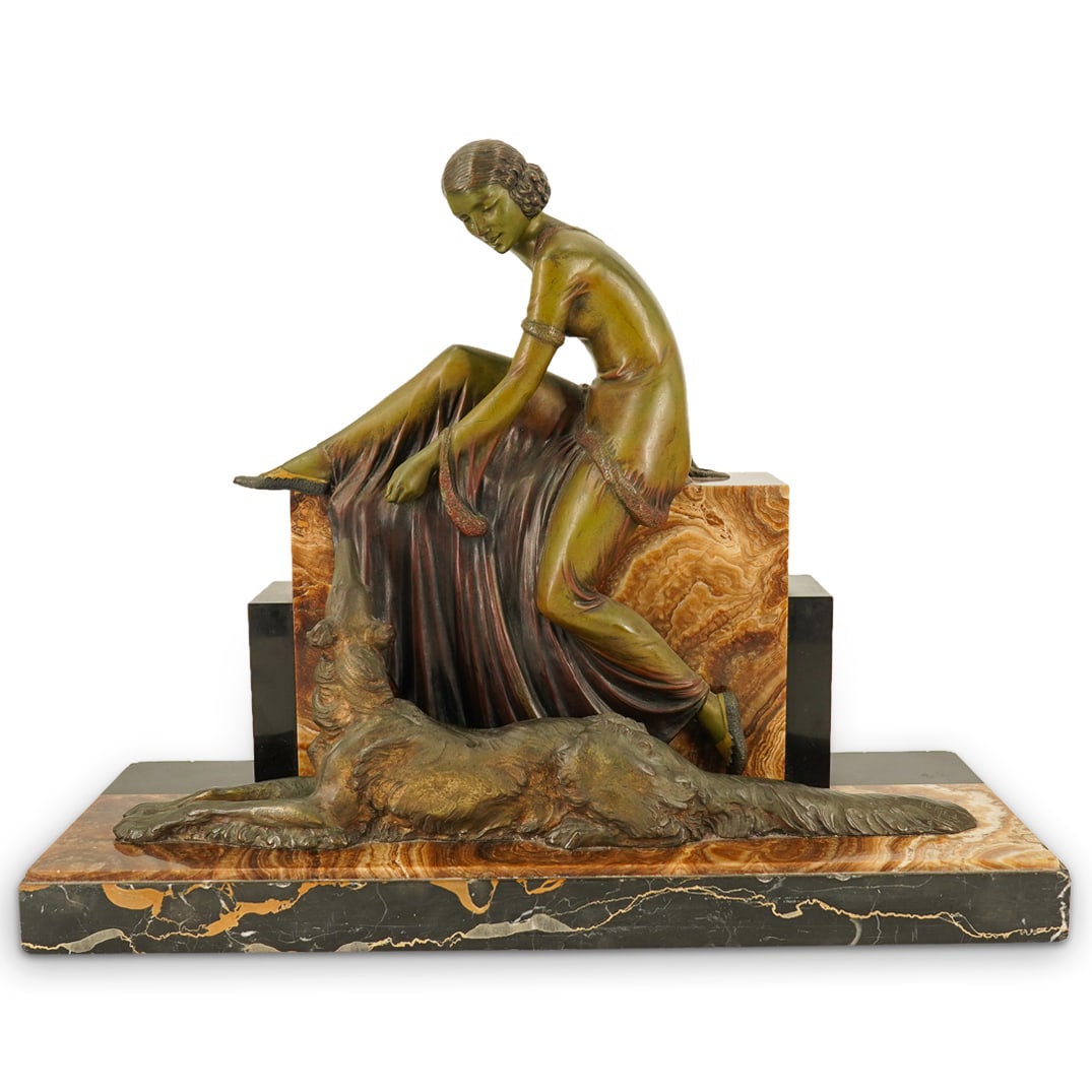 Art Deco Armand Lemo Bronze "Woman Seated W/ Greyhound" Sculpture (1 of 12)