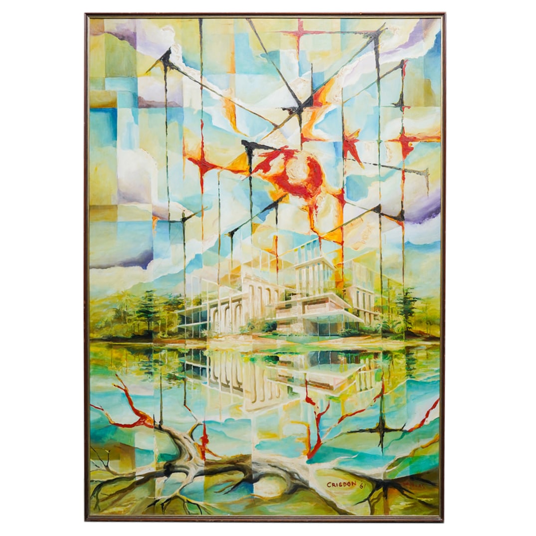 Monumental Signed Surrealist Oil On Masonite: DESCRIPTION: Monumental surrealist oil on masonite painting depicting a modernist building. Inscribed "Crisdon '61" at lower right. Signed "Douglas" at lower right. CIRCA: Mid 20th century ORIGIN: Wes