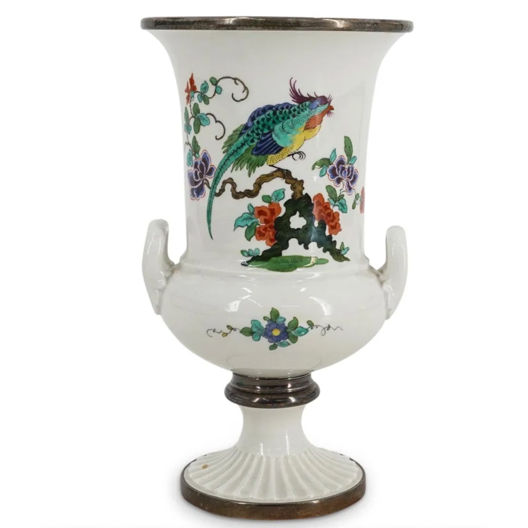 Antique Meissen Kakiemon Porcelain Vase: DESCRIPTION: Meissen Kakiemon porcelain vase decorated with bird, floral, and foliage motifs, twin handles, and Behrnd Hermann sterling silver trimmings on the lip, base, and foot. Hallmarked on foot 