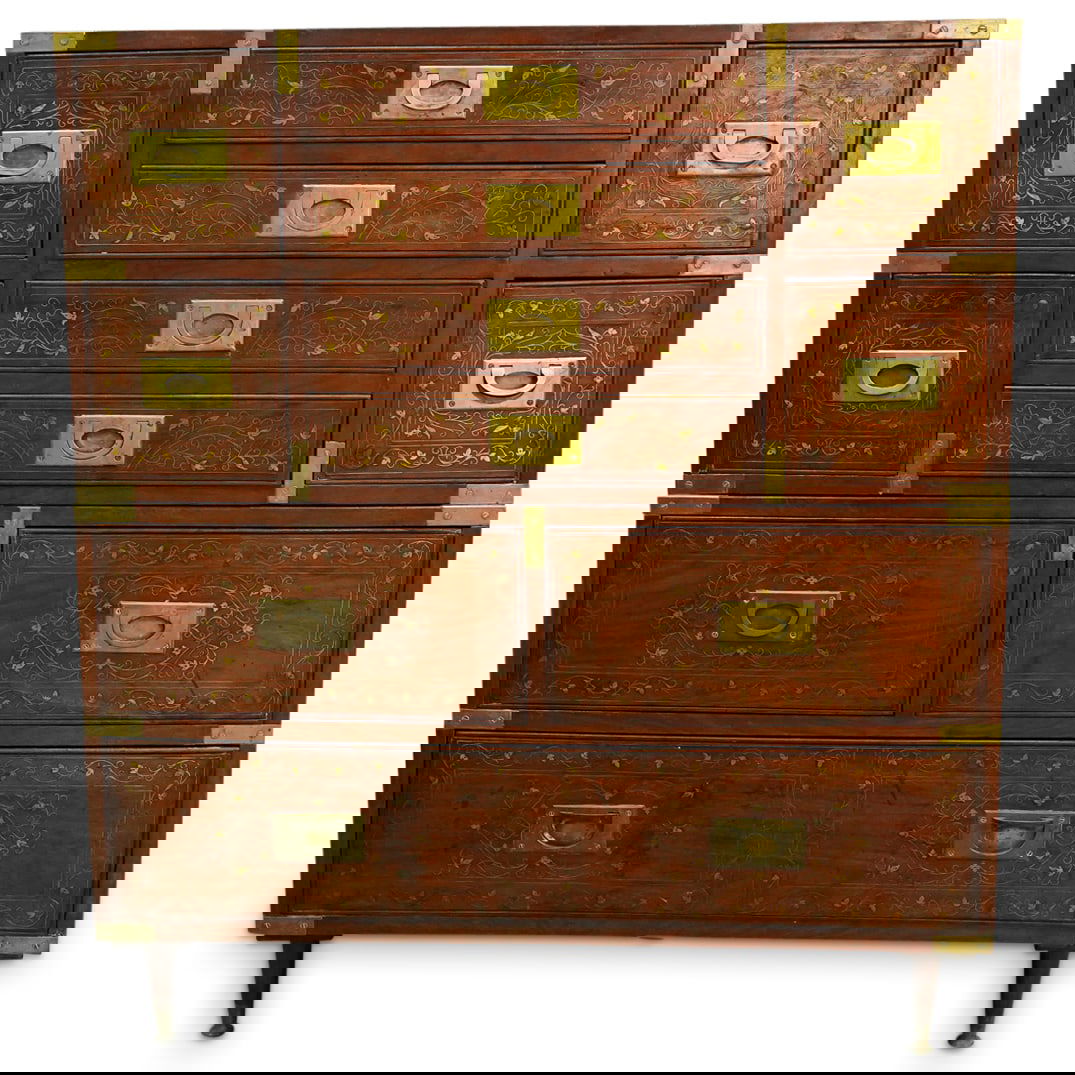 Antique European Carved Wood And Brass Inlay Campaign chest (1 of 20)