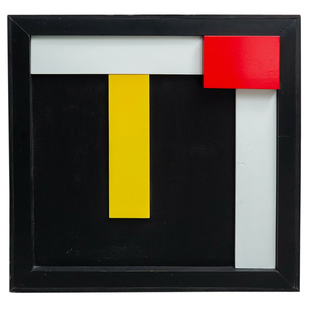 Hank Hecht (XX C.) Abstract Mondrian Style Mixed Media: DESCRIPTION: Mixed media by Hank Hecht depicting Mondrian style abstract shapes in white, yellow, red, and black. Signed on verso. CIRCA: 20th Century ORIGIN: Continental DIMENSIONS: H: 24.75" W: 2.5"