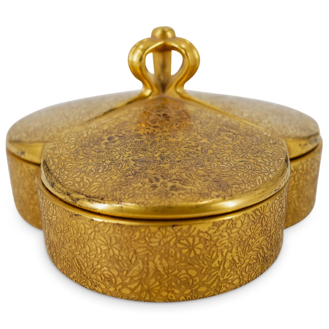 Art Nouveau French Gilt Cobalt Blue Vanity Tray: DESCRIPTION: Art Nouveau vanity tray composed of cobalt blue glass featuring a gilt, flower etched exterior and a three compartment interior. CIRCA: Late 19th to early 20th Century ORIGIN: France DIME