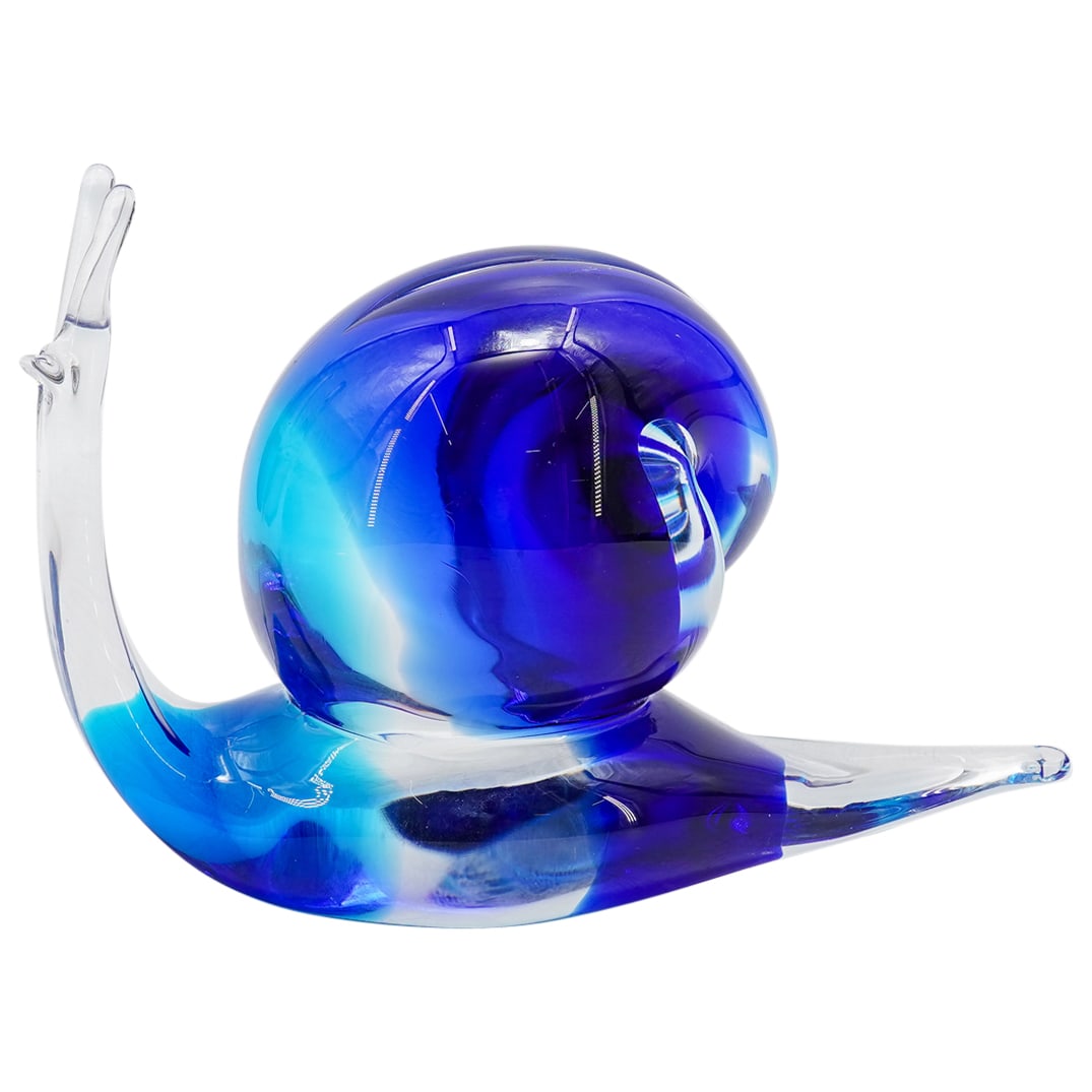 Signed Rubelli Murano Art Glass Snail Figurine: DESCRIPTION: Murano Art Glass Snail Figurine. Depicts a snail with a cobalt blue and clear glass body embellished with a clear glass head. Signed Rubelli. Limited edition numbered 50/750. CIRCA: 20th 