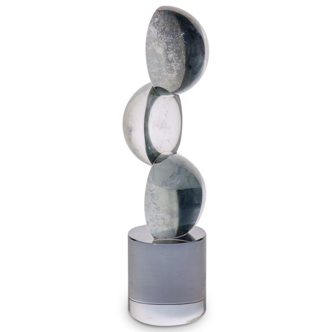 Art Glass Triple Stacked Spheres Sculpture: DESCRIPTION: Art Glass Triple Stacked Spheres Sculpture. Depicts three half spheres stacked atop each other, and resting on a tubular base. CIRCA: 20th Century ORIGIN: Unknown DIMENSIONS: H: 10 5/8" W