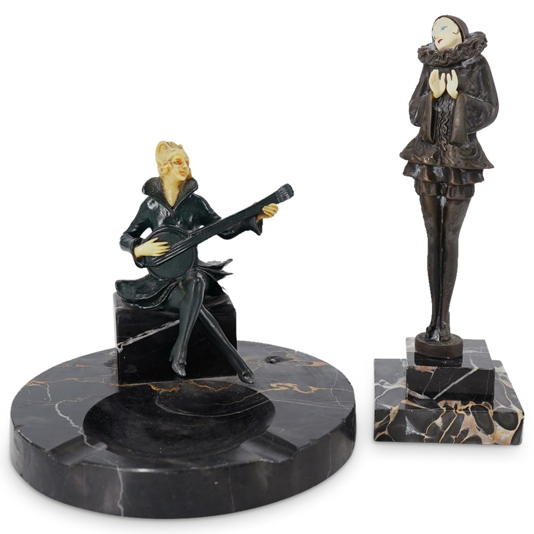 (2 Pc) Art Deco Figural And Hard Stone Decor: DESCRIPTION: Two pieces of Art Deco decor: one mixed metal statuette after Paul Philippe depicting a Pierrette mounted on a two tiered base, one ashtray sporting a figure of a woman playing a lute. CI