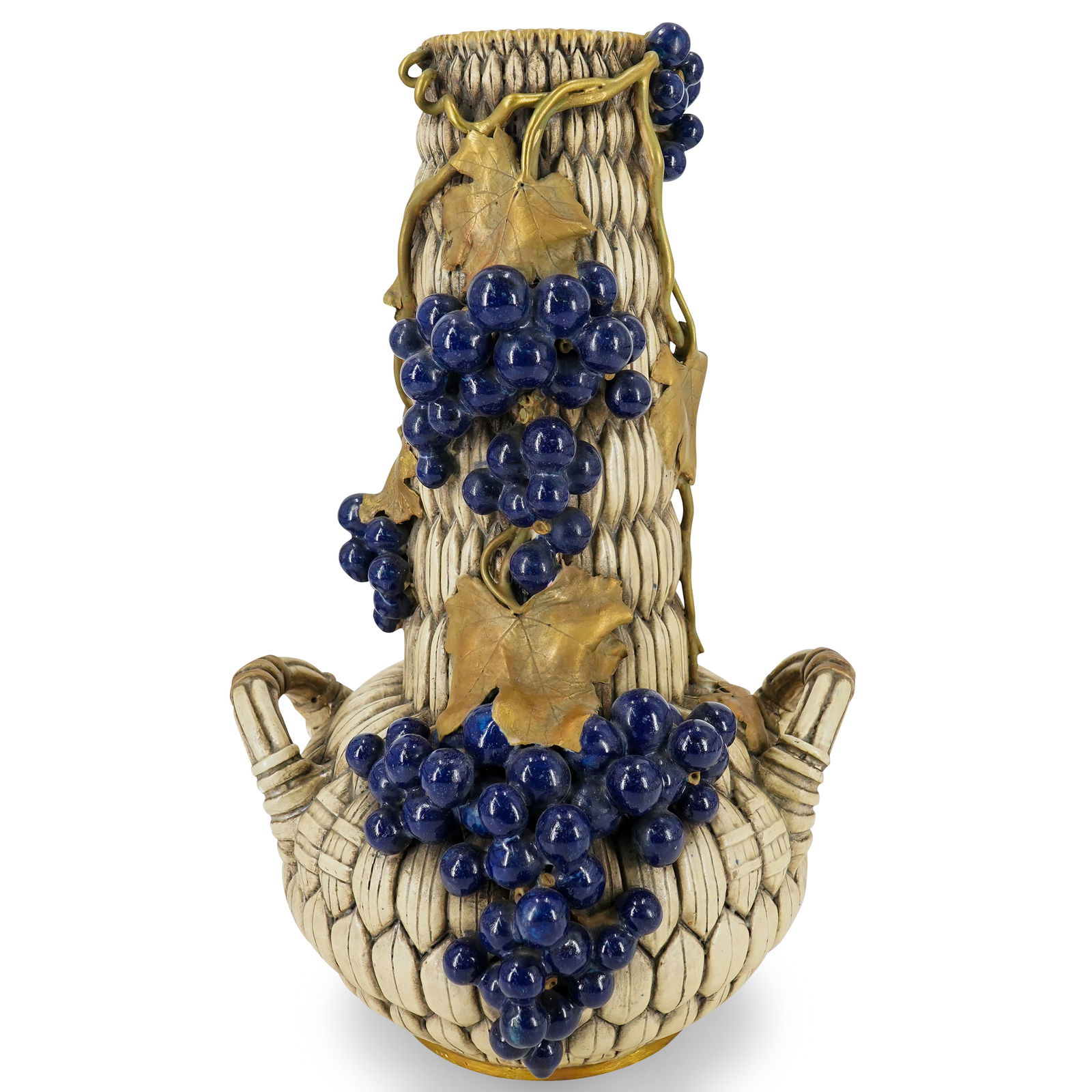 Antique Trompe L'oeil Ceramic Grapes & Leaves Basket Vase (1 of 17)