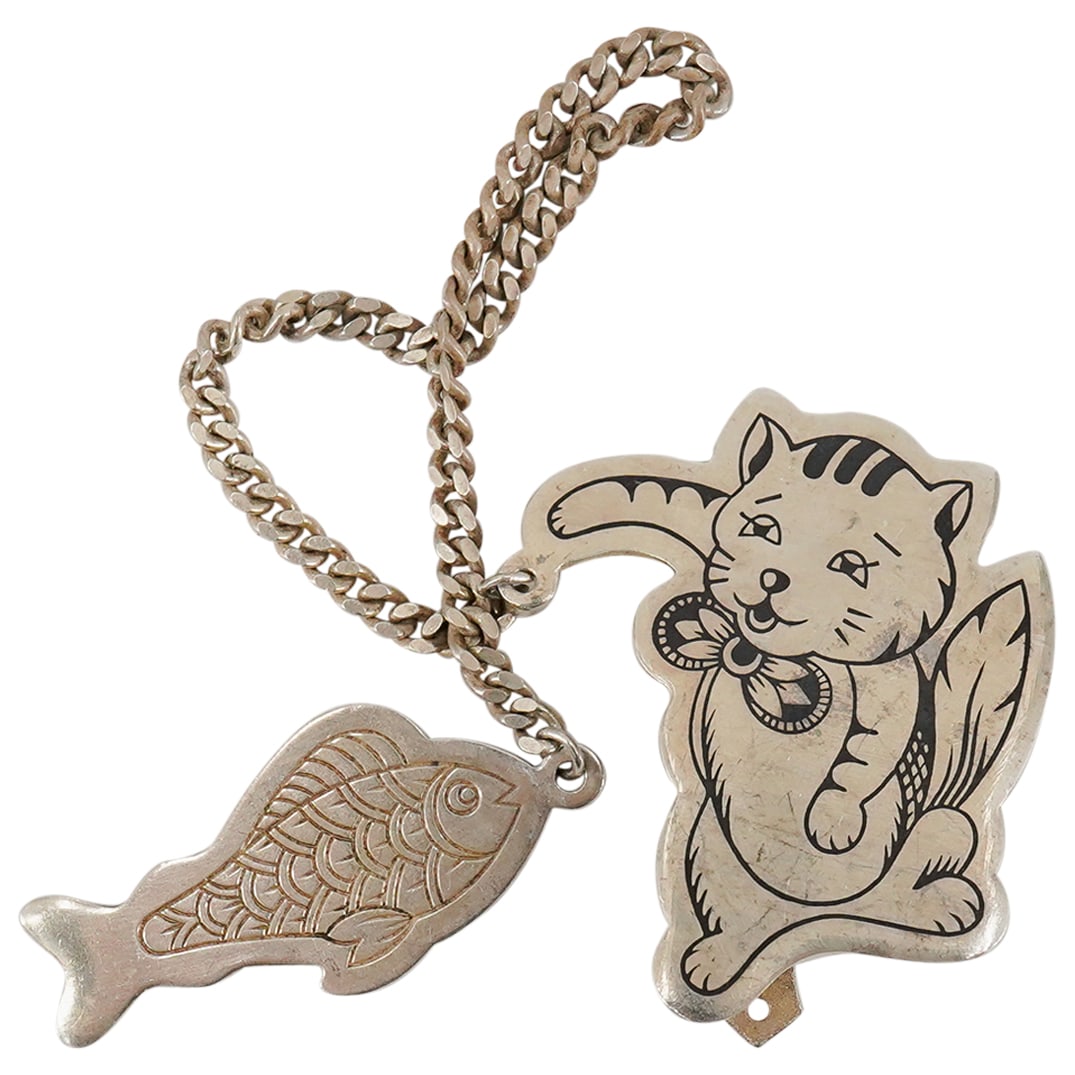 Russian Or Soviet Sterling Silver Cat & Fish Stirrer: DESCRIPTION: Russian or Soviet sterling silver stirrer, one end depicting a cat and featuring niello, the other a fish. Cat and fish both marked. Total weight: 14 g CIRCA: 20th century ORIGIN: Russian