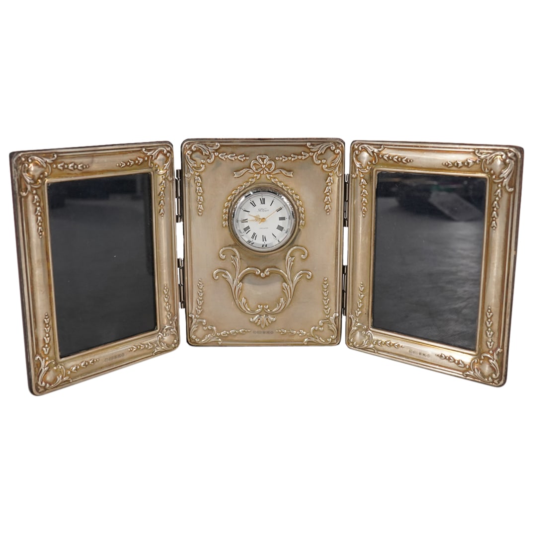 English Sterling Silver Triptych Travel Clock W/ Photo Frames (1 of 5)