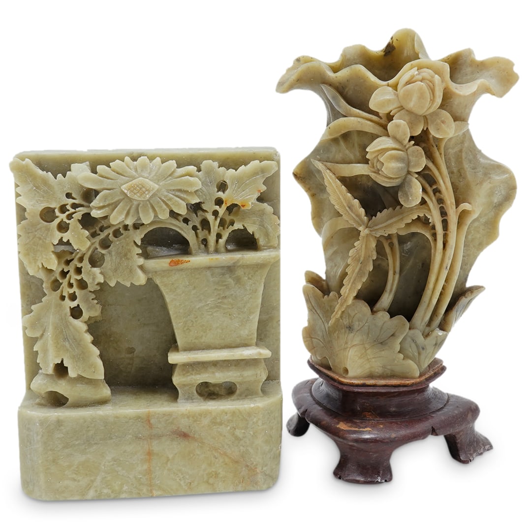 (2 Pc) Pair Of Chinese Soapstone Carvings: DESCRIPTION: (2 Pc) Chinese soapstone carvings pair, depicting openwork carvings resembling a vase with floral motif in semi relief; and a carving plaque depicting a planter with chrysanthemum flowers