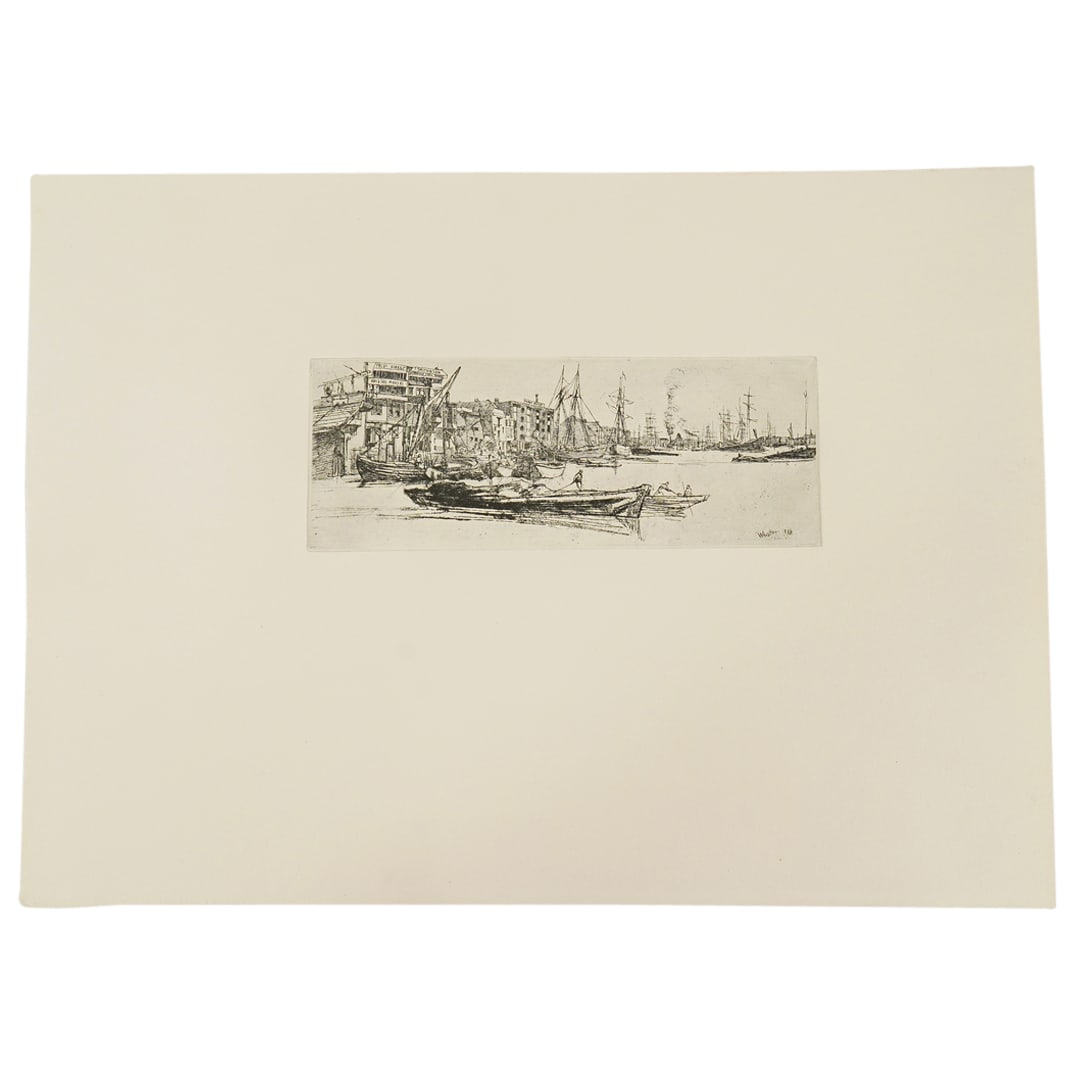 After James Whistler "Thames Warehouses" Etching With Plate Mark: DESCRIPTION: after James Whistler's "Thames Warehouses" on etching on laid paper with "FJ Head & Co" watermark. CIRCA: 20th century ORIGIN: - DIMENSIONS: (Plate) H: 2.75" W: 7.5" (Sheet) H: 10.75" W: