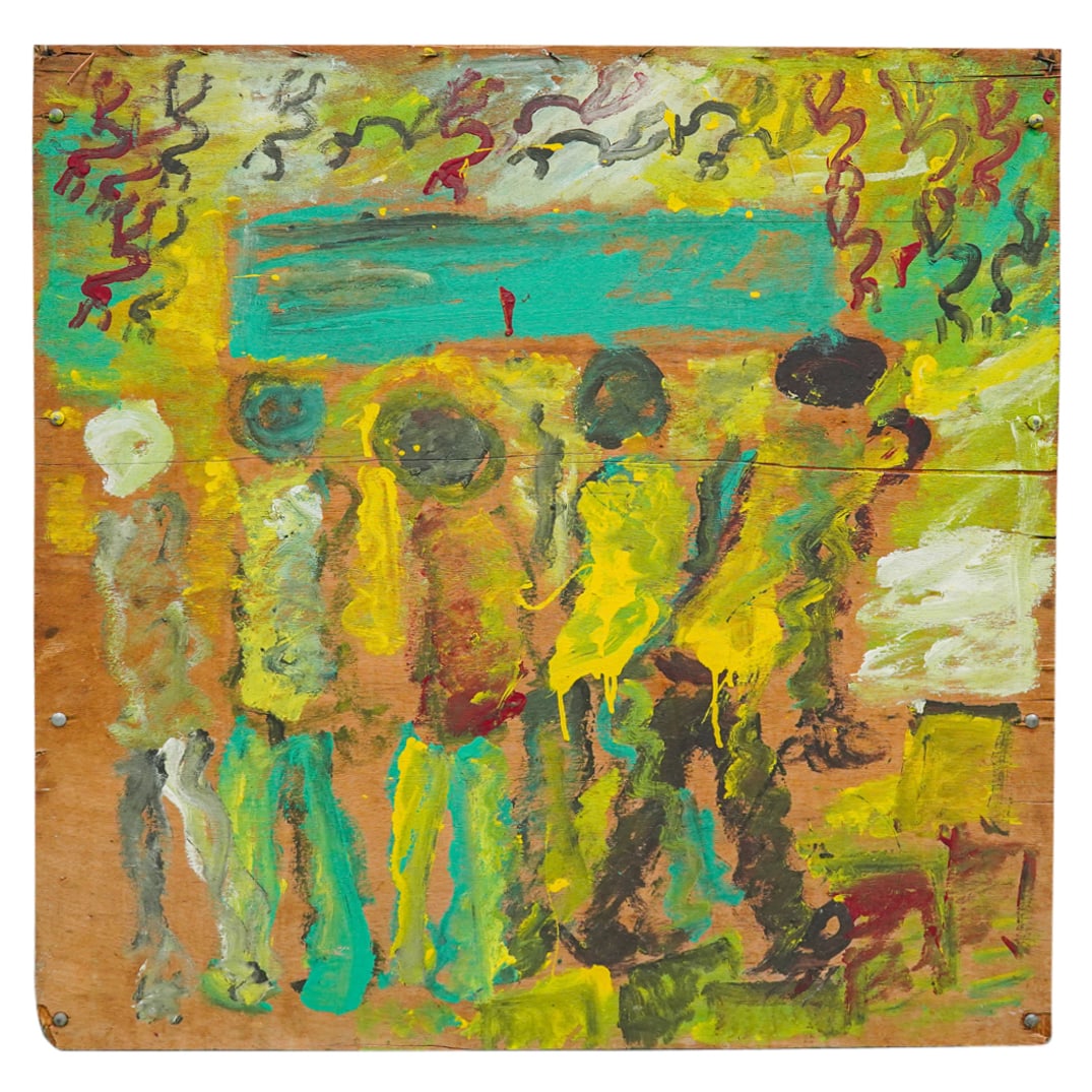 Purvis Young (American, 1943-2010) Mixed Media Painting: DESCRIPTION: Mixed media painting by Purvis Young (American, 1943-2010) depicting figures. Unsigned. CIRCA: Late 1990s - early 2000s ORIGIN: American DIMENSIONS: H: 42.25" W: 41" CONDITION: As is. End