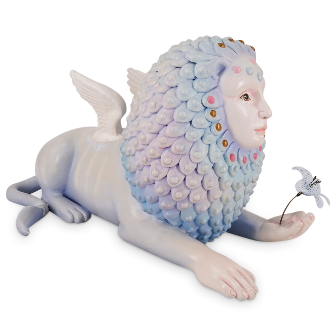 Signed Sergio Bustamante Limited Edition "Winged Lion" Sculpture: DESCRIPTION: Signed Sergio Bustamante Limited Edition Sculpture. Depicts a "Winged Lion". Signed Sergio Bustamante and numbered 60/100. CIRCA: 20th Century ORIGIN: Mexico DIMENSIONS: H: 10 1/2" W: 15"