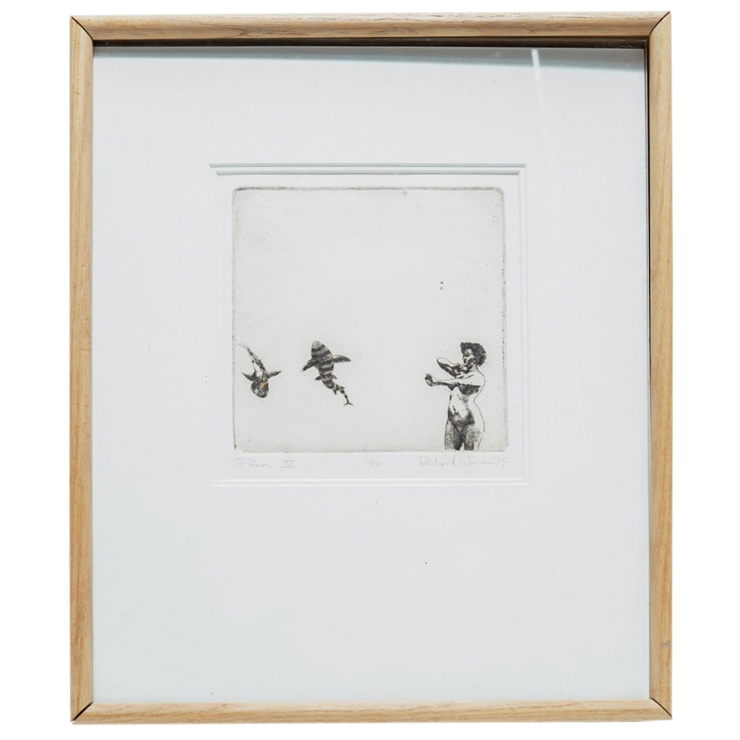 Signed Limited Edition Etching W/ Aquatint: DESCRIPTION: Limited edition etching with aquatint depicting a nude woman and two sharks. Pencil signed and dated at lower right. Pencil numbered "1/50" at lower center. Pencil entitled at lower left.