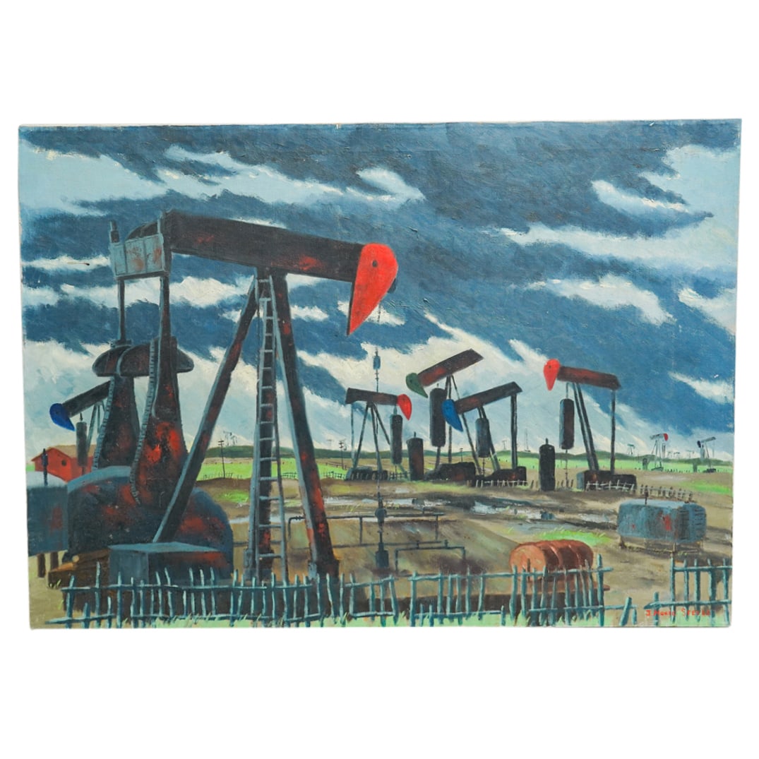 Signed J. Hoxie Steele Oil Rigs Oil On Canvas: DESCRIPTION: Oil on canvas painting depicting an oil field sporting rigs, fencing, and other industrial accoutrements. Signed "J. Hoxie STEELE" at lower right. CIRCA: 20th Century ORIGIN: USA DIMENSIO