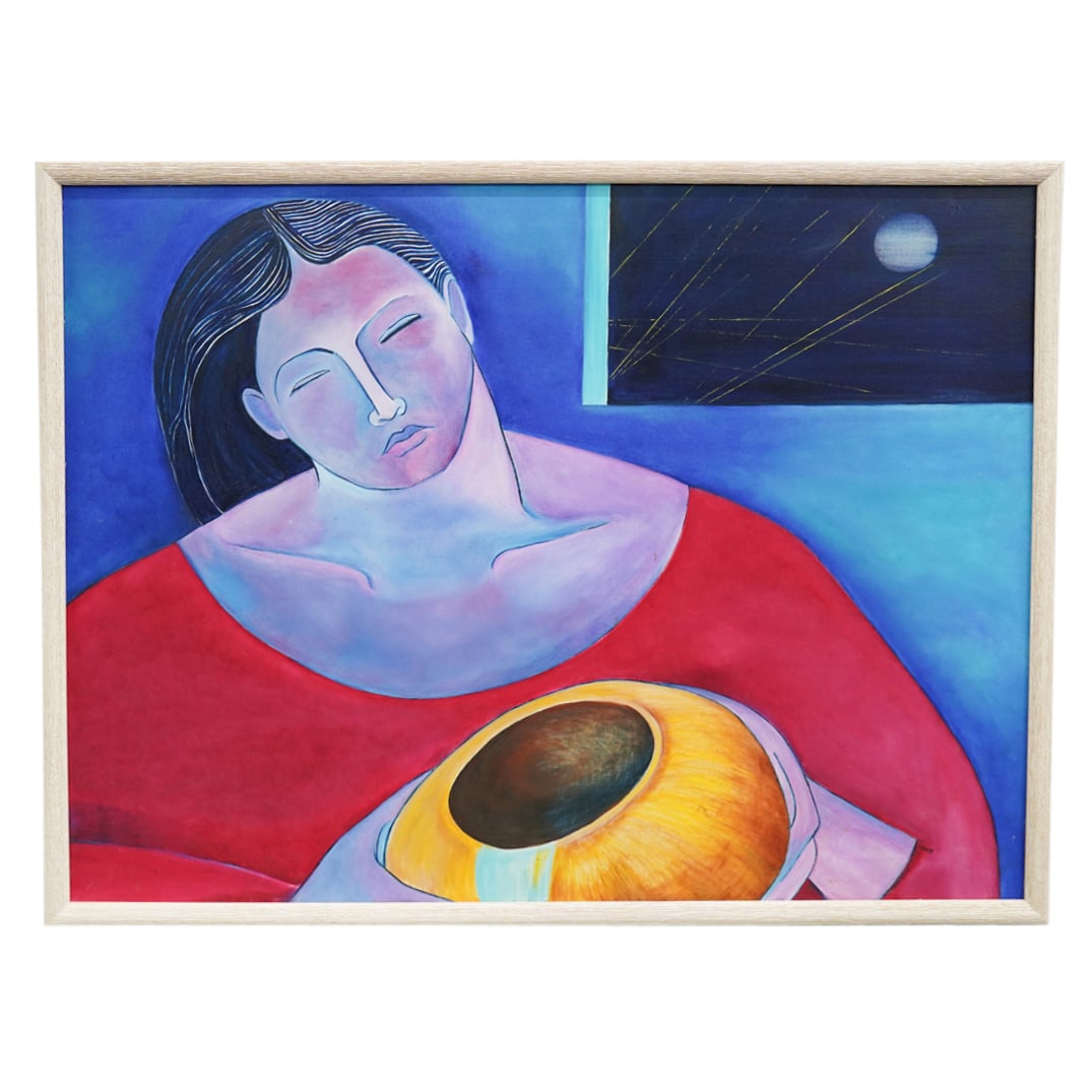 After Nivia Gonzalez Woman With Vase Oil On Canvas: DESCRIPTION: Oil on canvas painting after Nivia Gonzalez depicting a woman holding a yellow vase next to a window at night. Signed and dated at lower right on woman's sleeve. Mounted in a textured woo