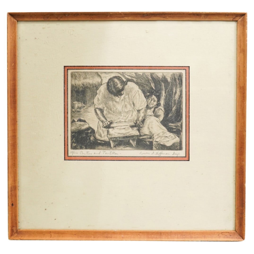 Irwin D. Hoffman (American, 1901-1989) "Cactus And Tortillas" Etching: DESCRIPTION: Etching entitled "Cactus and Tortillas" by Irwin D. Hoffman depicting a woman rolling a tortilla near a house with a pig while a girl watches at her side. Signed at lower right, titled at