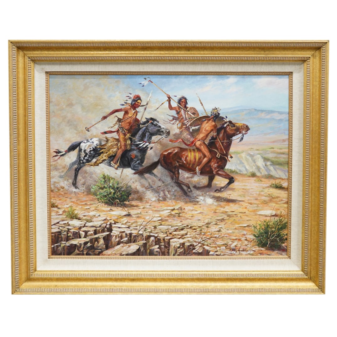 James Hutchinson (American, B. 1931) Tribesmen Cavalry Battle Oil On Canvas (1 of 11)