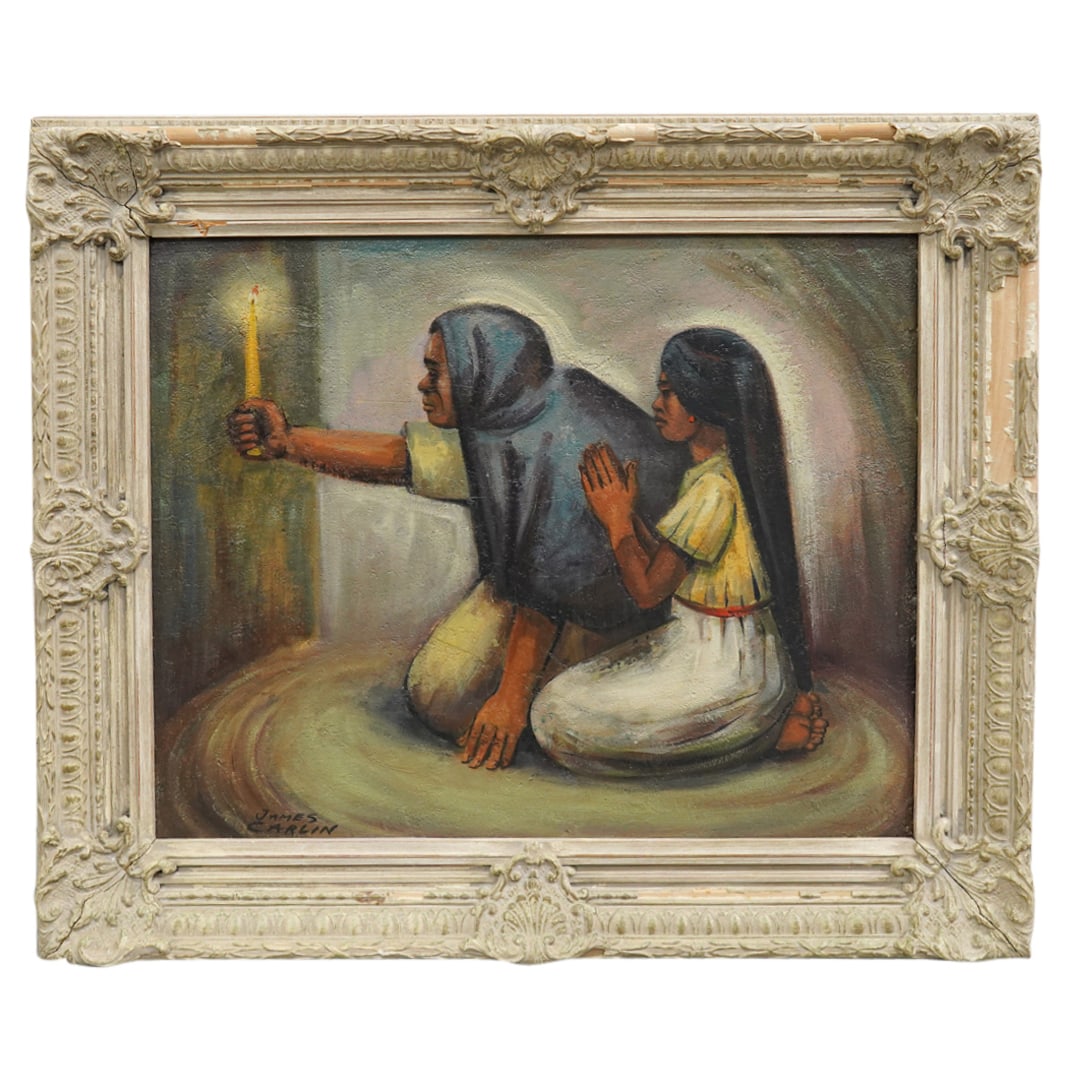James Carlin (Ireland, 1906–2005) Oil On Board: DESCRIPTION: Oil on board painting by James Carlin depicting a woman holding a lit candle as a maiden prays beside her. Signed at lower left. Mounted in a foliage laden wooden frame. CIRCA: 20th Centu