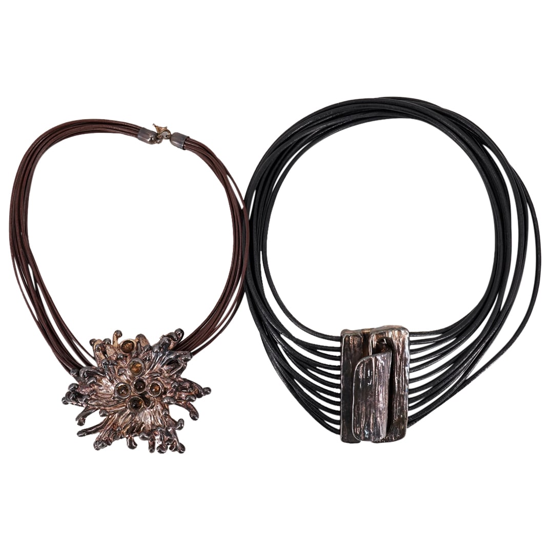 (2 Pc) Vintage Pair Of Sterling Silver & Leather Strings Necklaces (1 of 8)