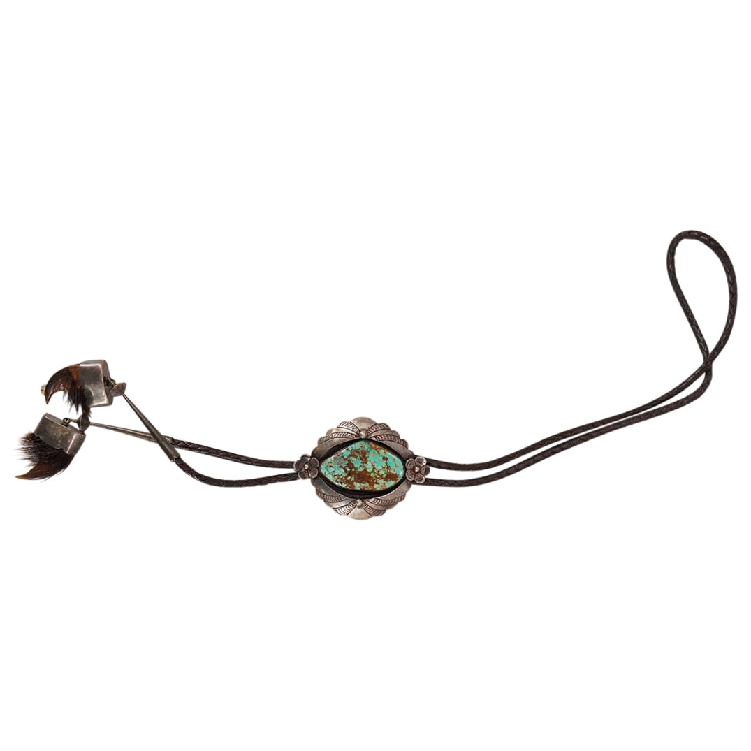 Navajo Signed Bennett Bolo Tie Sterling Silver, Turquoise & Leather Necklace (1 of 5)