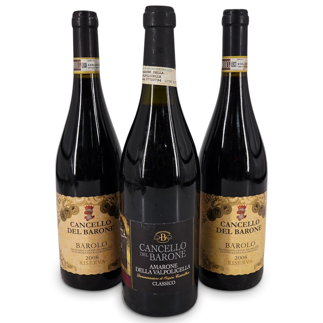 (3 Pc) Cancello Del Barone Wine: DESCRIPTION: Three 750 mL bottles of Cancello del Barone wine: two from the 2008 reserve and one "Classico" from 2006. CIRCA: 2006-2008 ORIGIN: Italy DIMENSIONS: 750 mL CONDITION: Each bottle has been