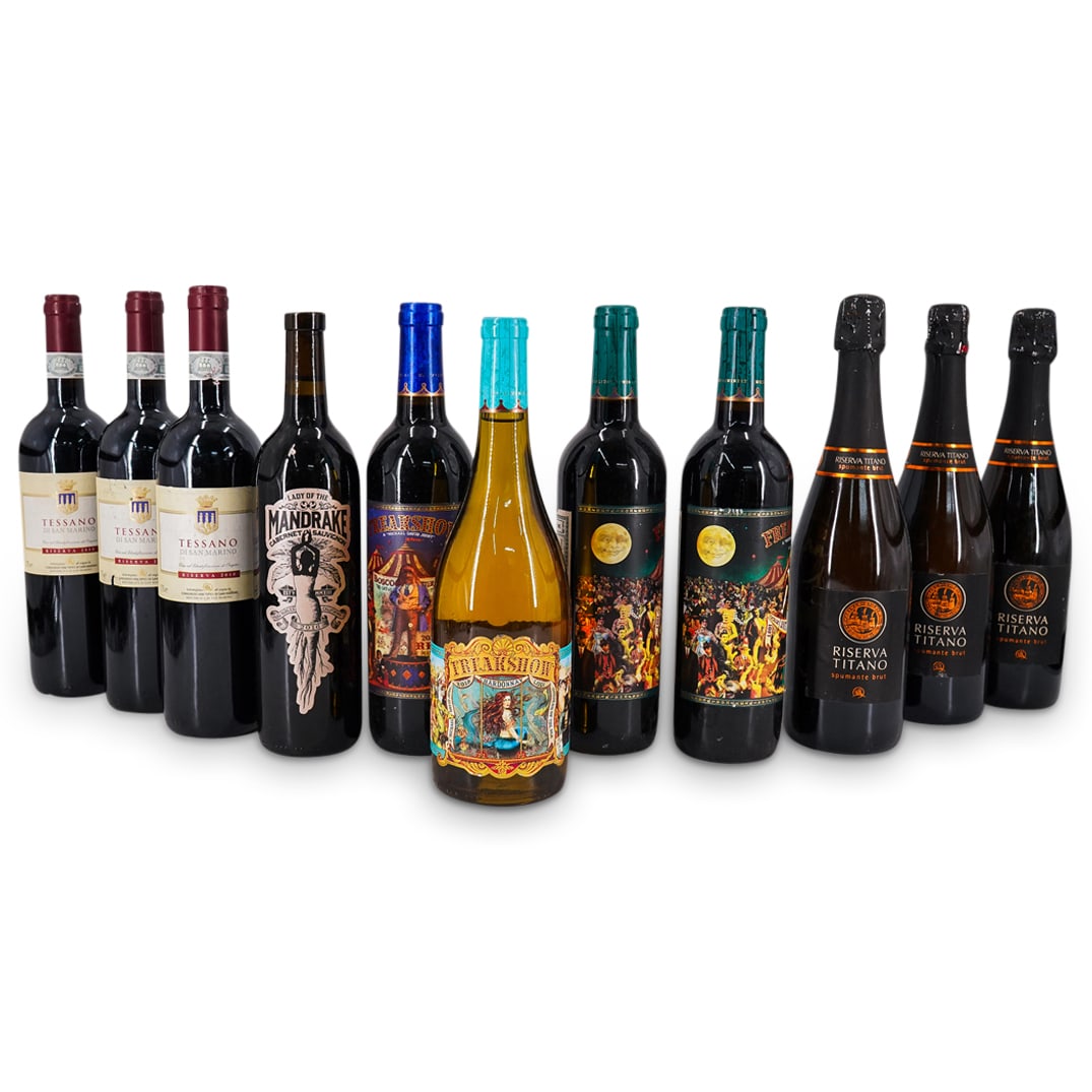 (11 Pc) Assorted San Marino And American Wine: DESCRIPTION: 11 750 mL bottles of wine from American and Sammarinese vineyards including four bottles of Michael & David's Freakshow (two zinfandel, one chardonnay, one red wine), three bottles of Ris