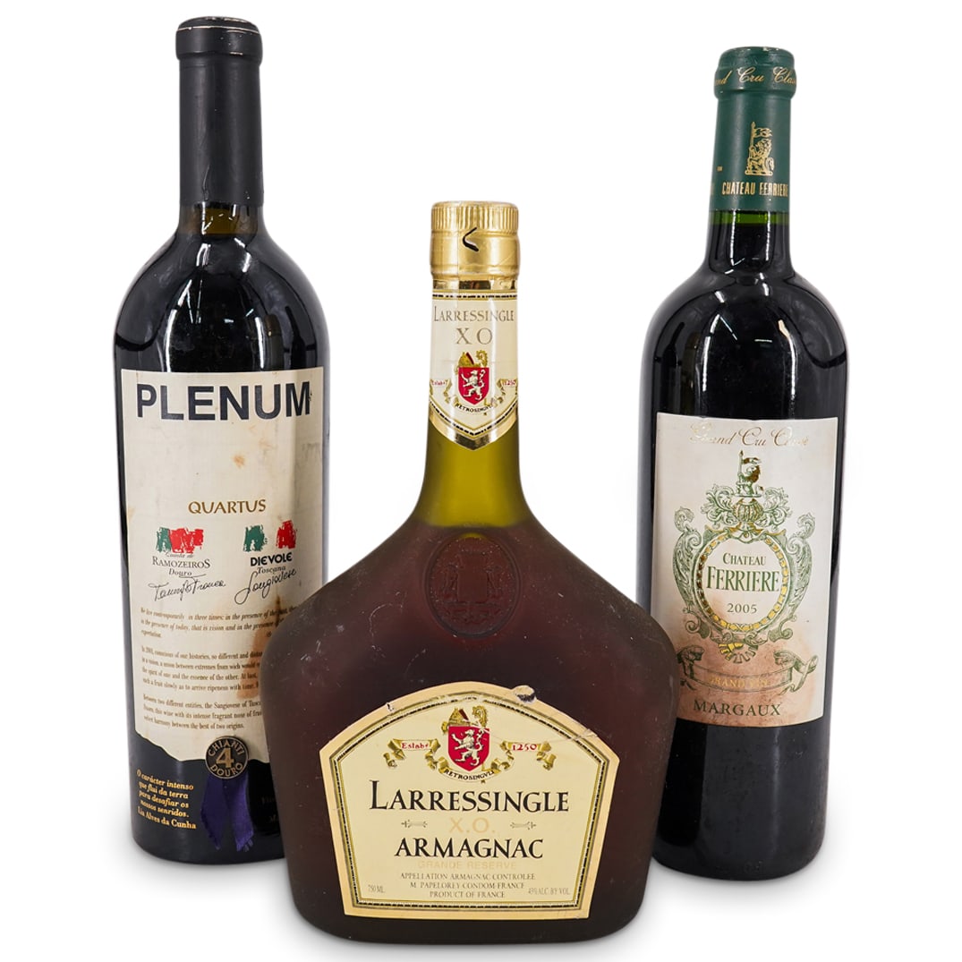 (3 Pc) Assorted European Wine And Brandy: DESCRIPTION: Three 750 mL bottles of wine and brandy: one Chateau de Larressingle X.O Armagnac, one Dievole & Ramozeiros Plenum Quartus, and one 2005 Chateau Ferriere. CIRCA: 2006-2008 ORIGIN: Europea