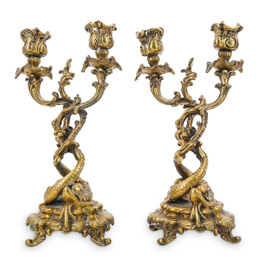 Pair Of Antique Italian Bronze Stylized Dolphin Candelabra (1 of 5)