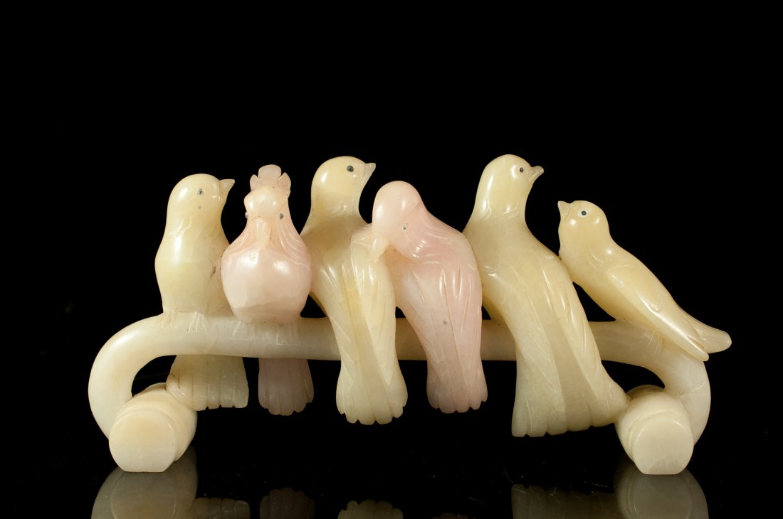 Hand carved alabaster bird statue. Rare colors: DESCRIPTION: Hand carved creme and pink alabaster birds sitting on a perch. Six birds exquisitely carved from separate pieces of creme and pink alabaster. No chips or cracks CIRCA: 1930's-1950's ORIGI