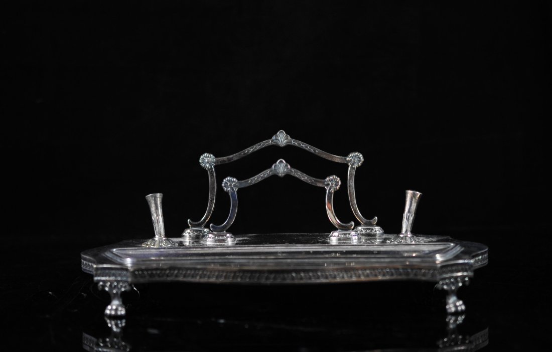 Spanish antique silver plated desktop pen and lett: DESCRIPTION: Antique Spanish desktop letter and pen holder. Design features four claw feet which hold up the base. Double pen holder stems with intricate base design. Double letter holder bars with fl
